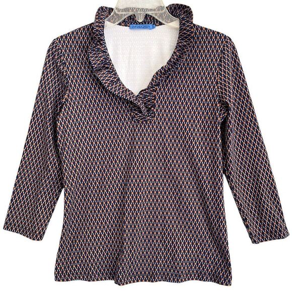 J. McLaughlin Durham Ruffle Top Womens S Catalina Geometric Blue Career Office - Picture 1 of 11